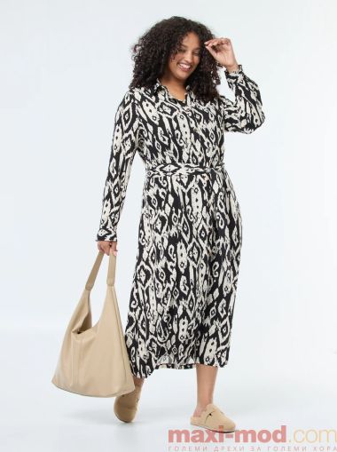 Дълга рокля тип риза с колан на талията