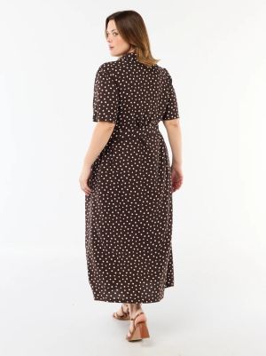 Рокля  с къс ръкав и кафява на бели точки